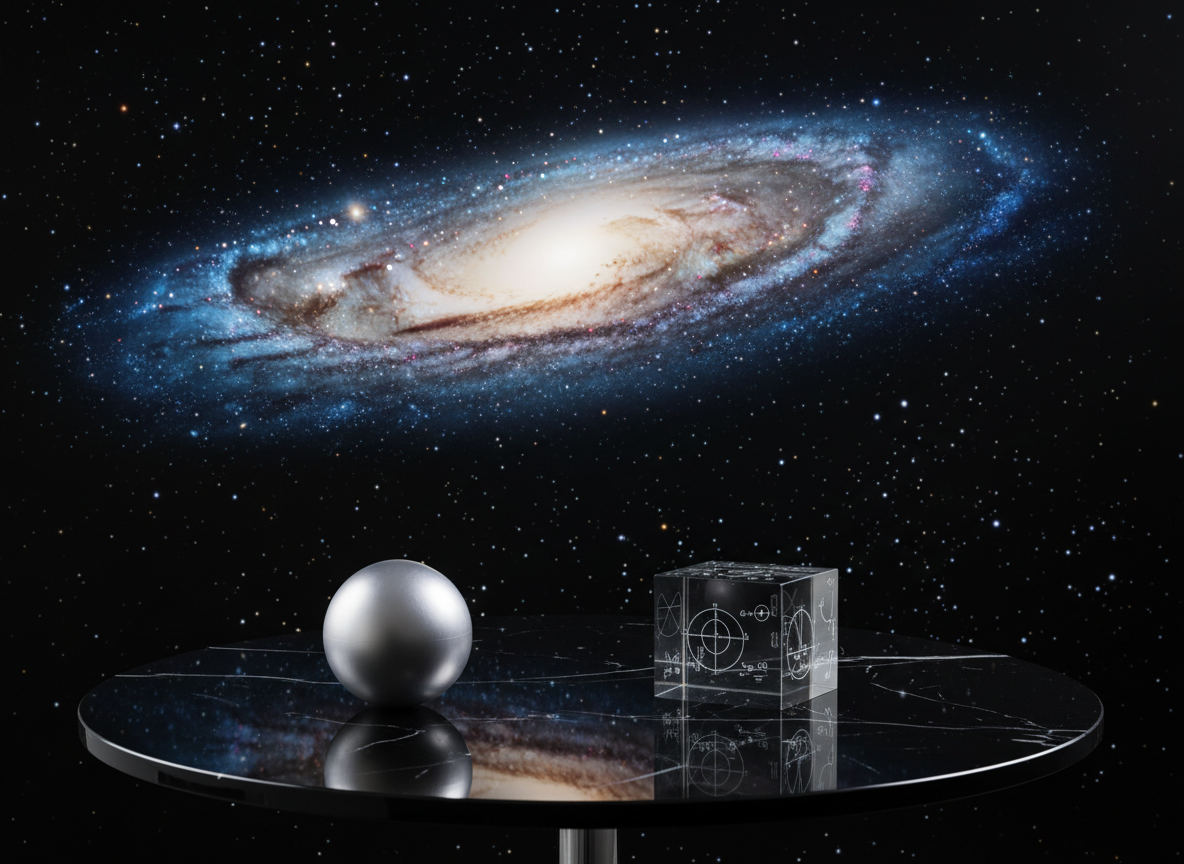 A vast, photorealistic cosmic panorama showing a meticulously detailed spiral galaxy suspended above a sleek, dark obsidian table. On the table rests a minimalist, brushed-metal sphere and a transparent glass cube etched with faint mathematical symbols, suggesting a conversation between different forms of intelligence. Soft, cool studio lighting illuminates the objects, while the galaxy itself glows with its own ethereal light, casting faint reflections on the polished surface. Shot at eye level with a gently blurred background of distant stars, the atmosphere feels contemplative, sophisticated, and slightly mysterious, evoking deep cosmological inquiry in a clean, modern aesthetic.